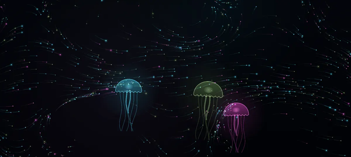 Bioluminescence visualizer: three glowing jellyfish drifting through a current of sparks on a dark background