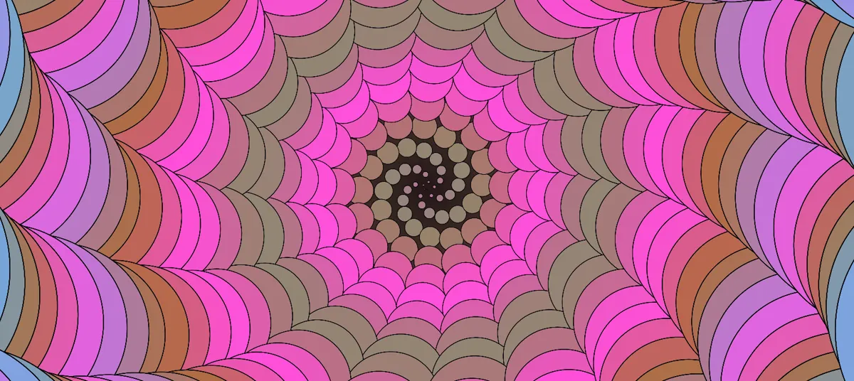 Coil visualizer: a spiral of overlapping pink and olive discs