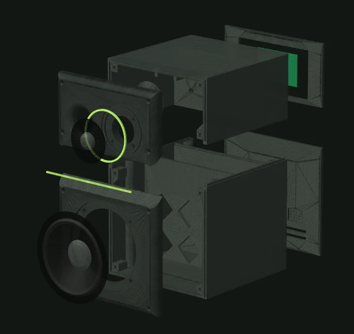 Exploded render: two body halves, two baffles, port, two rear plates, drivers and neon inlays