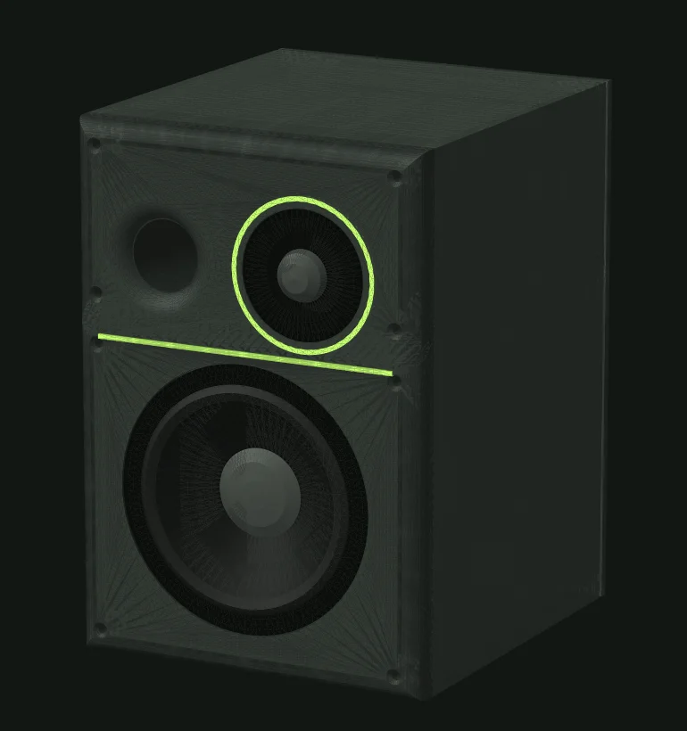 Render of the left Yolk bookshelf speaker from the front: a charcoal cabinet with a large woofer, a tweeter ringed in neon green, a port and a green seam