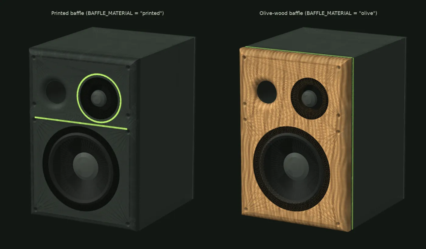 Two CAD renders side by side: the charcoal speaker with a neon seam strip and tweeter ring, and the same speaker with a one-piece olive-wood front and a thin green line along the body edge