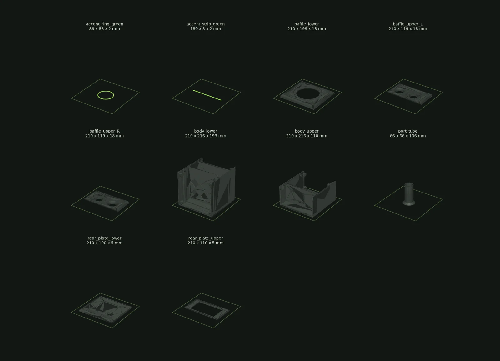 Print orientation of all ten STL parts on a 256 mm printer bed, with part names and sizes